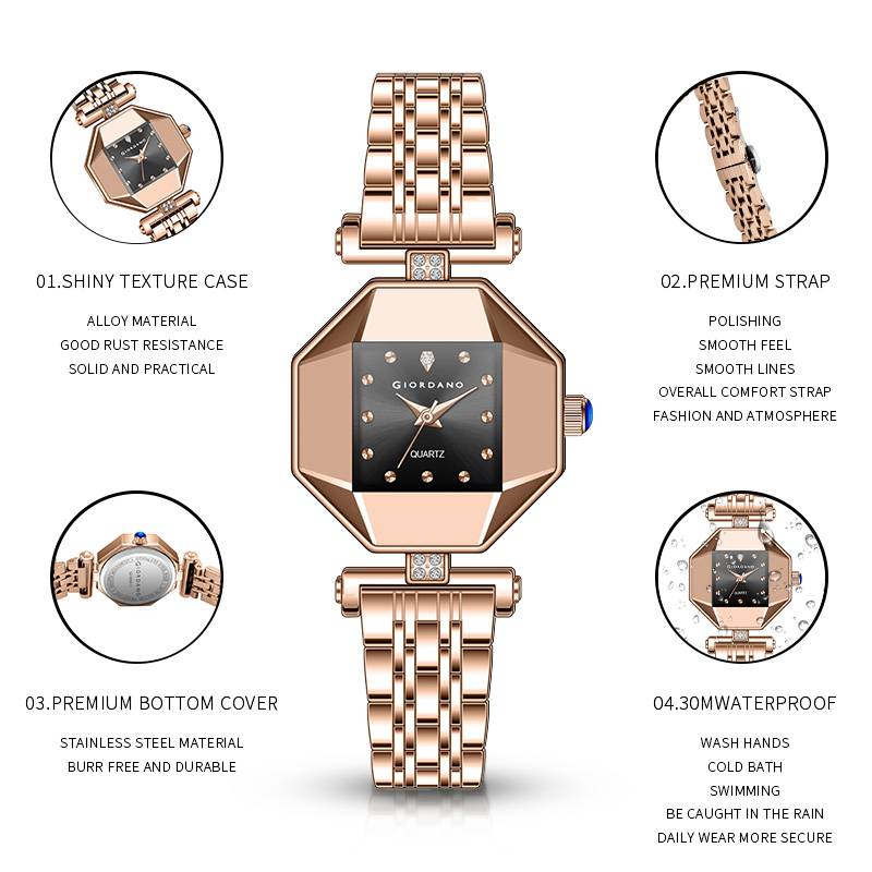 Giordano Dress Watch For Women Â Rose Gold Finish, Diamond Accented Octagonal Dial & Stainless Steel Strap-Gz- : GZ-60096-11