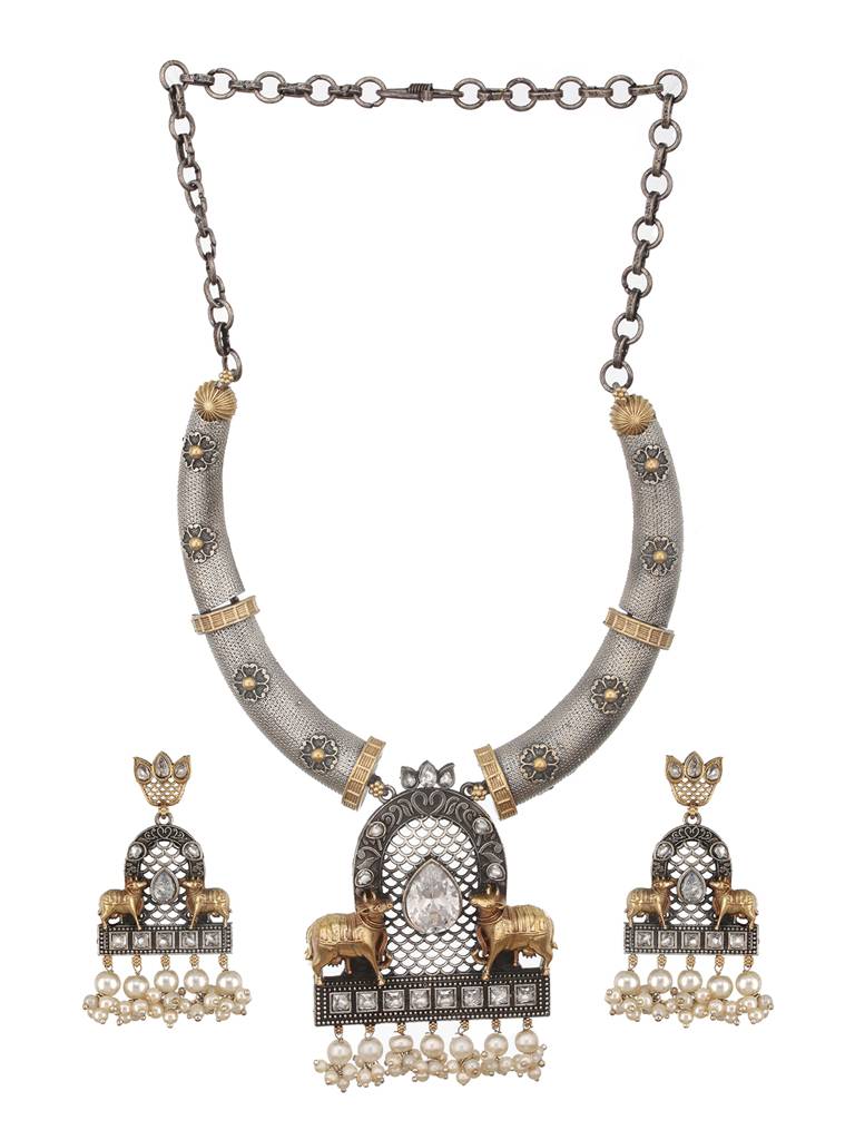 Dual Toned  Oxidised Silver Lookalike  Pearl Beaded Hasli Deer Motif Designer Jewellery Set : SJNK2588