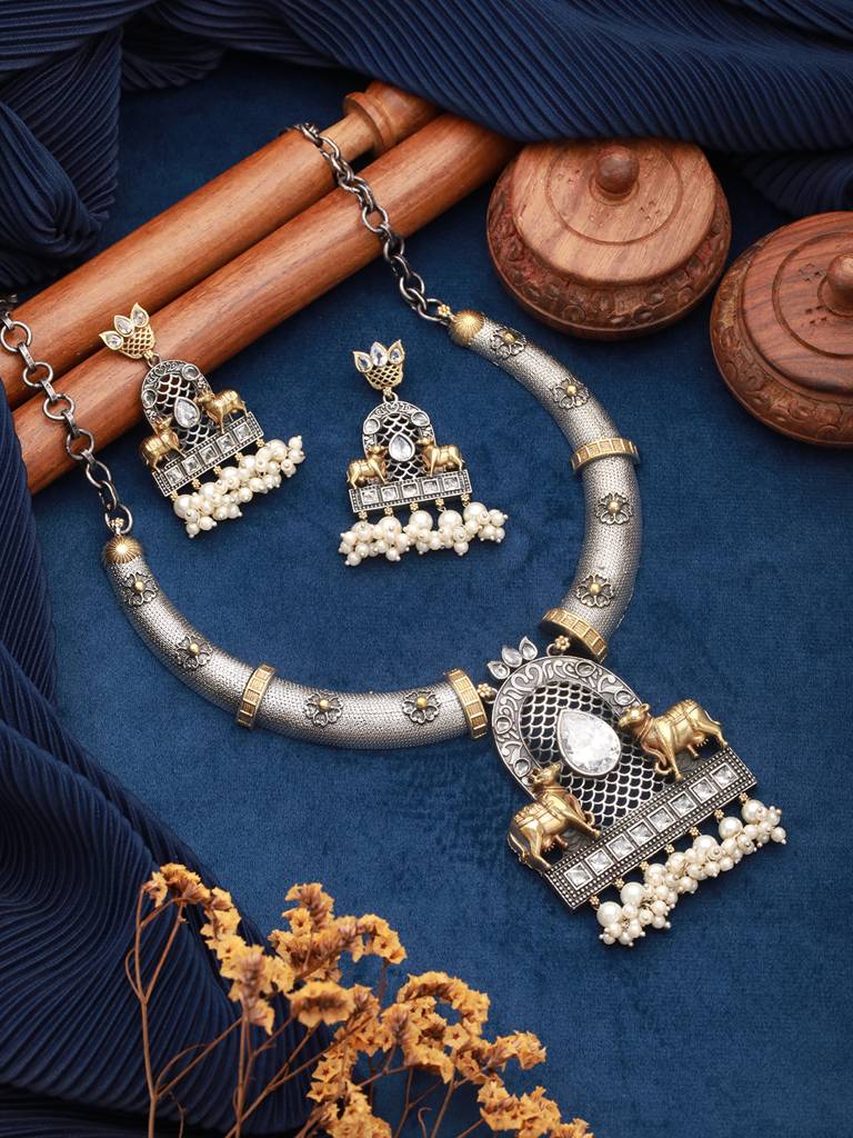 Dual Toned  Oxidised Silver Lookalike  Pearl Beaded Hasli Deer Motif Designer Jewellery Set : SJNK2588
