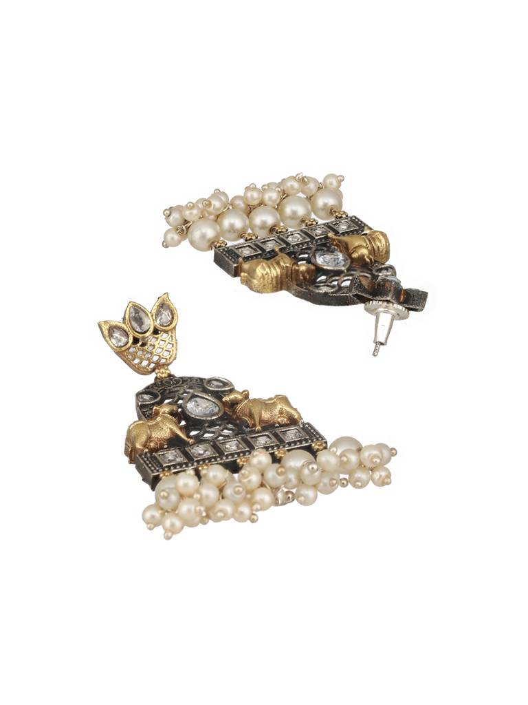 Dual Toned  Oxidised Silver Lookalike  Pearl Beaded Hasli Deer Motif Designer Jewellery Set : SJNK2588
