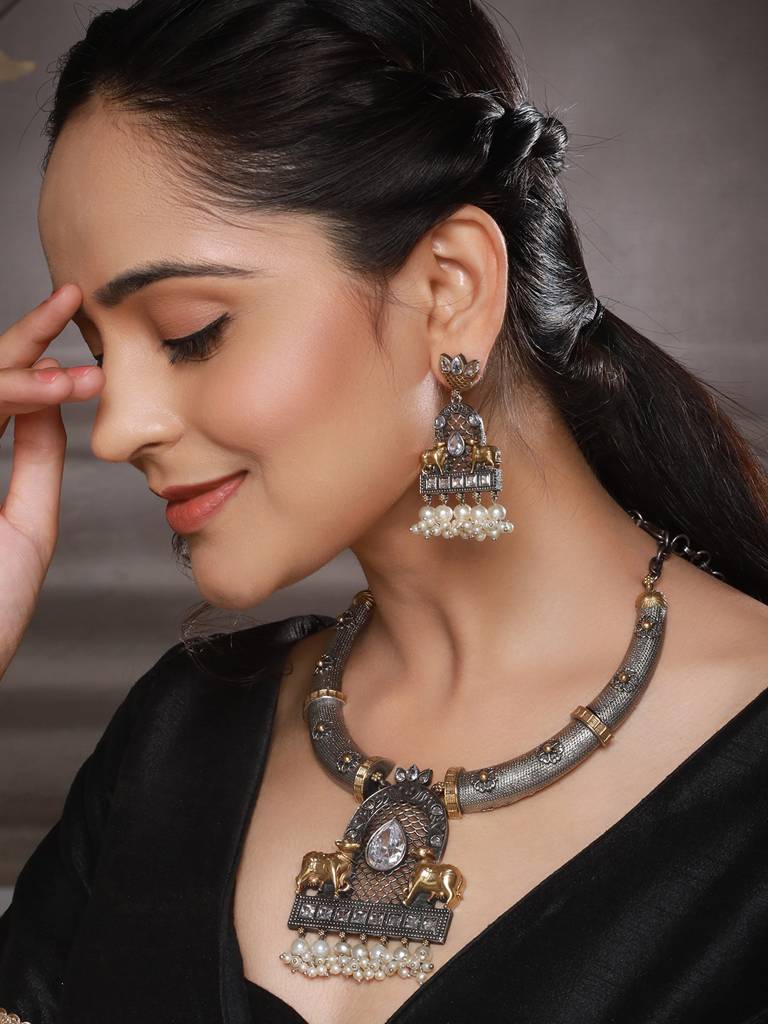Dual Toned  Oxidised Silver Lookalike  Pearl Beaded Hasli Deer Motif Designer Jewellery Set : SJNK2588