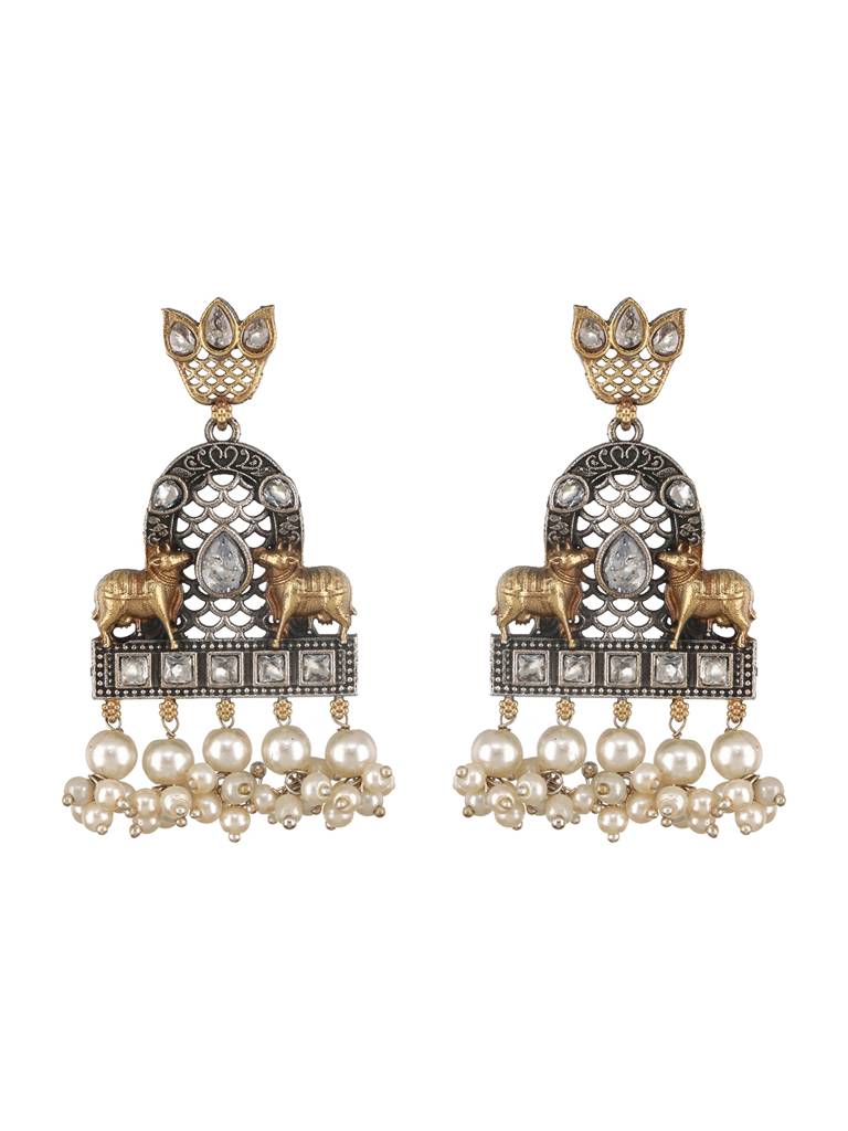 Dual Toned  Oxidised Silver Lookalike  Pearl Beaded Hasli Deer Motif Designer Jewellery Set : SJNK2588