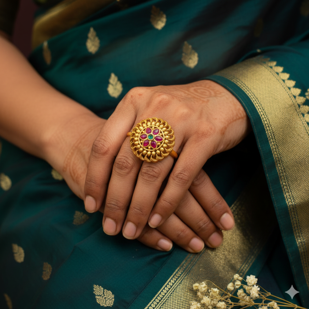 Modern Floral Temple Ring With Gold Finish V-2603 : V-2603