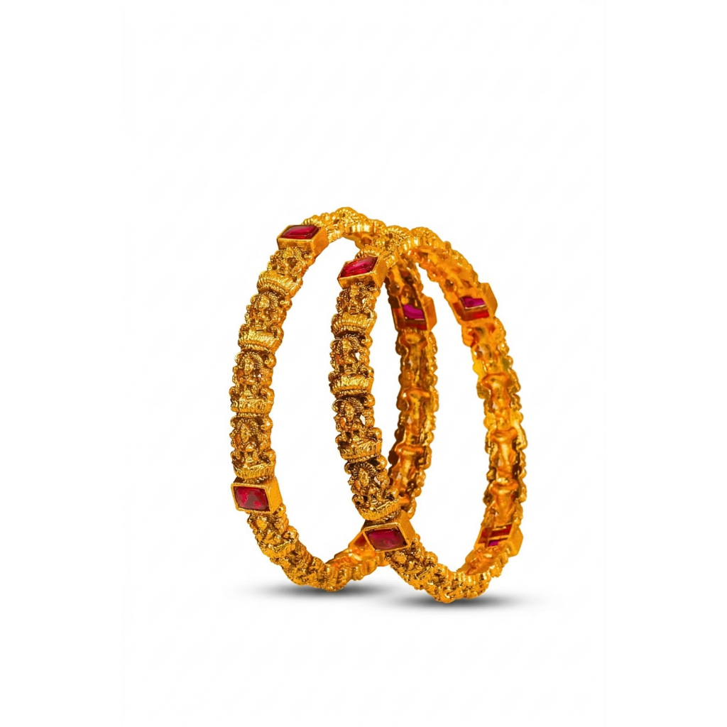 Antique Lakshmi Yali Ruby Temple Paired Bangle Set | 1 Gram Gold-Plated : V-2469