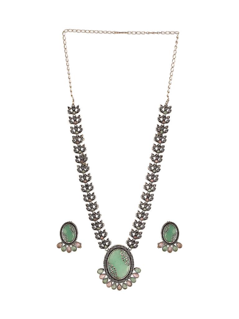 Silver Oxidised Mint Stone Studded Floral Designer Long Haram Necklace Jewellery Set : SJNK2590