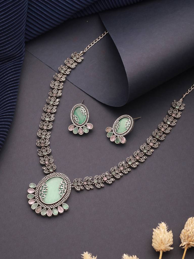 Silver Oxidised Mint Stone Studded Floral Designer Long Haram Necklace Jewellery Set : SJNK2590