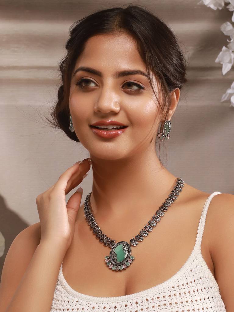 Silver Oxidised Mint Stone Studded Floral Designer Long Haram Necklace Jewellery Set : SJNK2590