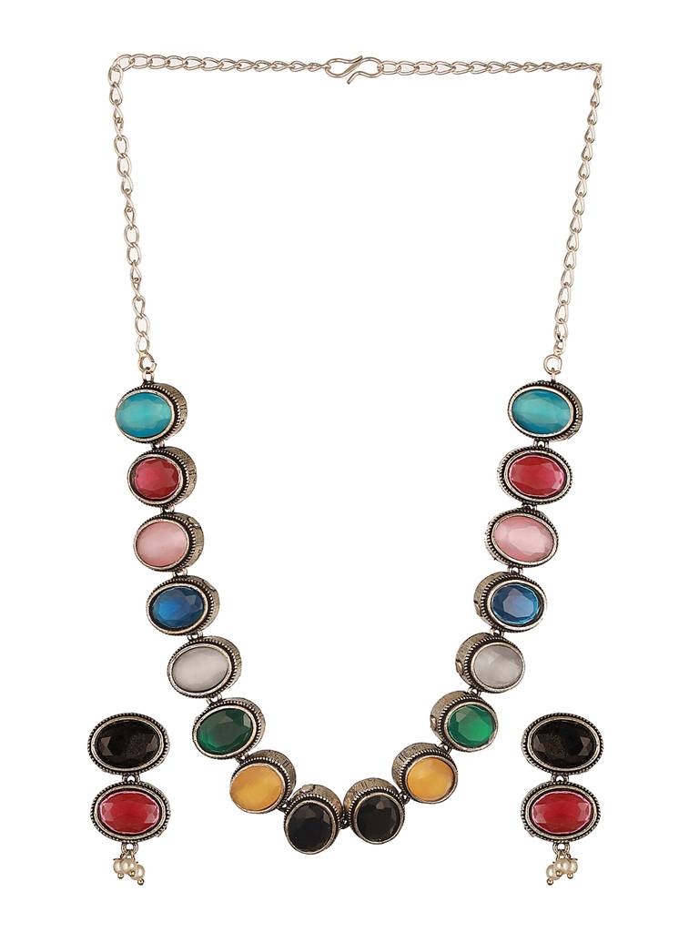 Silver Oxidised Nav Ratan Multicolored Minimal Tribal Necklace Jewellery Set : SJNK2591