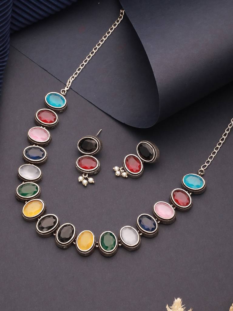 Silver Oxidised Nav Ratan Multicolored Minimal Tribal Necklace Jewellery Set : SJNK2591