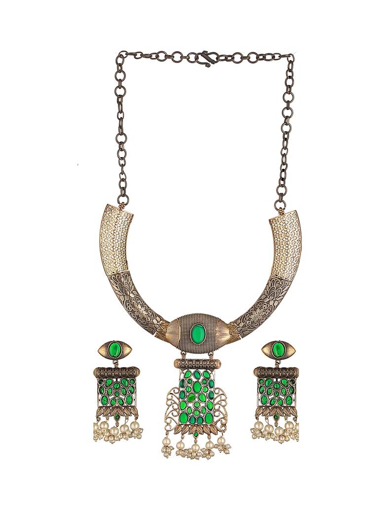 Silver Oxidised Dual Toned Green Stone & Pearl Beaded Designer Tribal Hasli Necklace Jewellery Set : SJNK2592