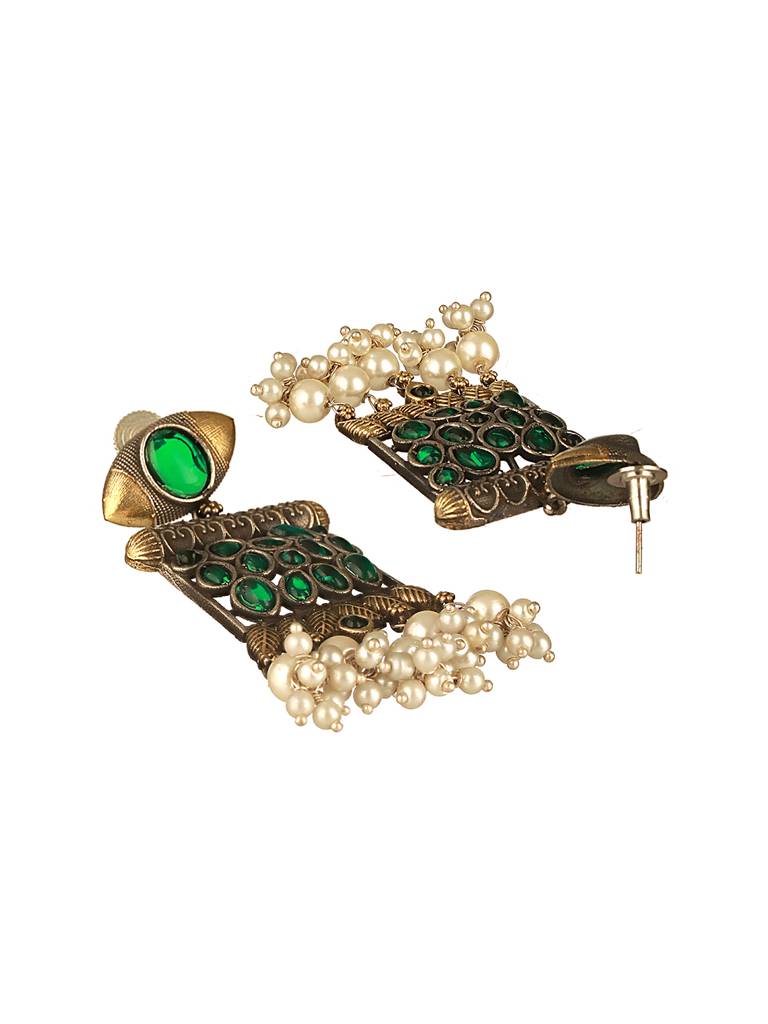 Silver Oxidised Dual Toned Green Stone & Pearl Beaded Designer Tribal Hasli Necklace Jewellery Set : SJNK2592