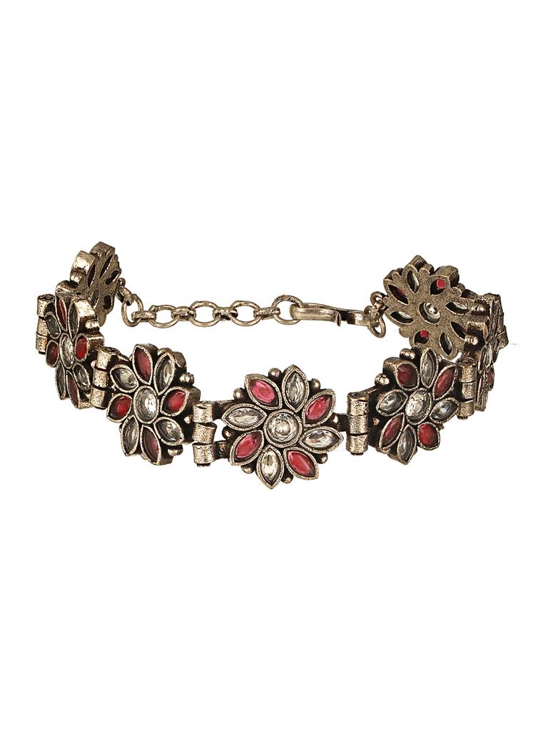 Silver Oxidised Toned Red Stone Studded Floral Tribal  Minimal  Adjustable Bracelet : SJBR2596