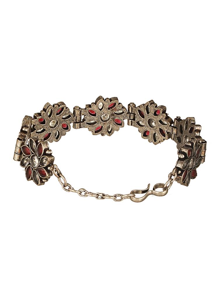 Silver Oxidised Toned Red Stone Studded Floral Tribal  Minimal  Adjustable Bracelet : SJBR2596