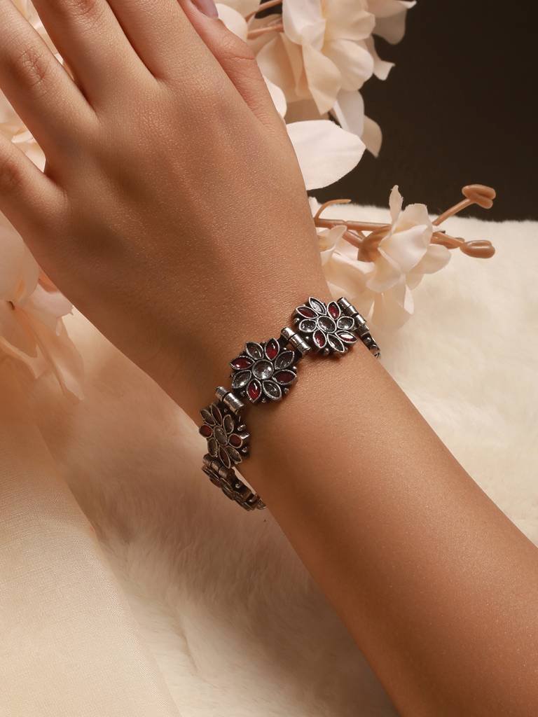 Silver Oxidised Toned Red Stone Studded Floral Tribal  Minimal  Adjustable Bracelet : SJBR2596