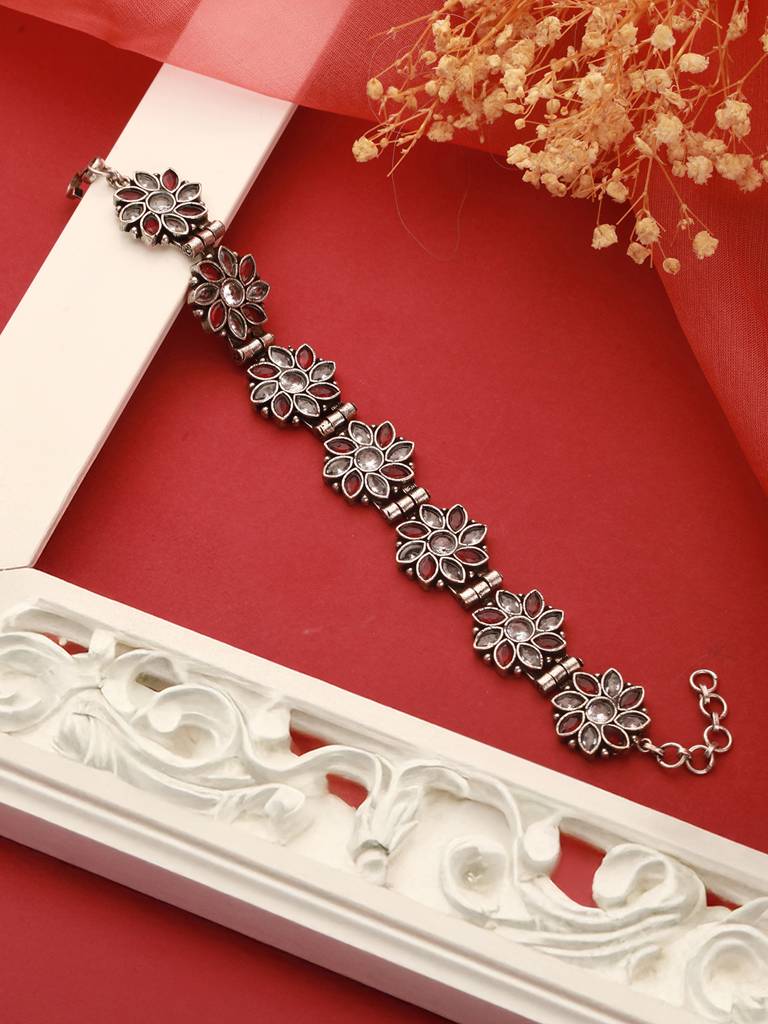 Silver Oxidised Toned Red Stone Studded Floral Tribal  Minimal  Adjustable Bracelet : SJBR2596