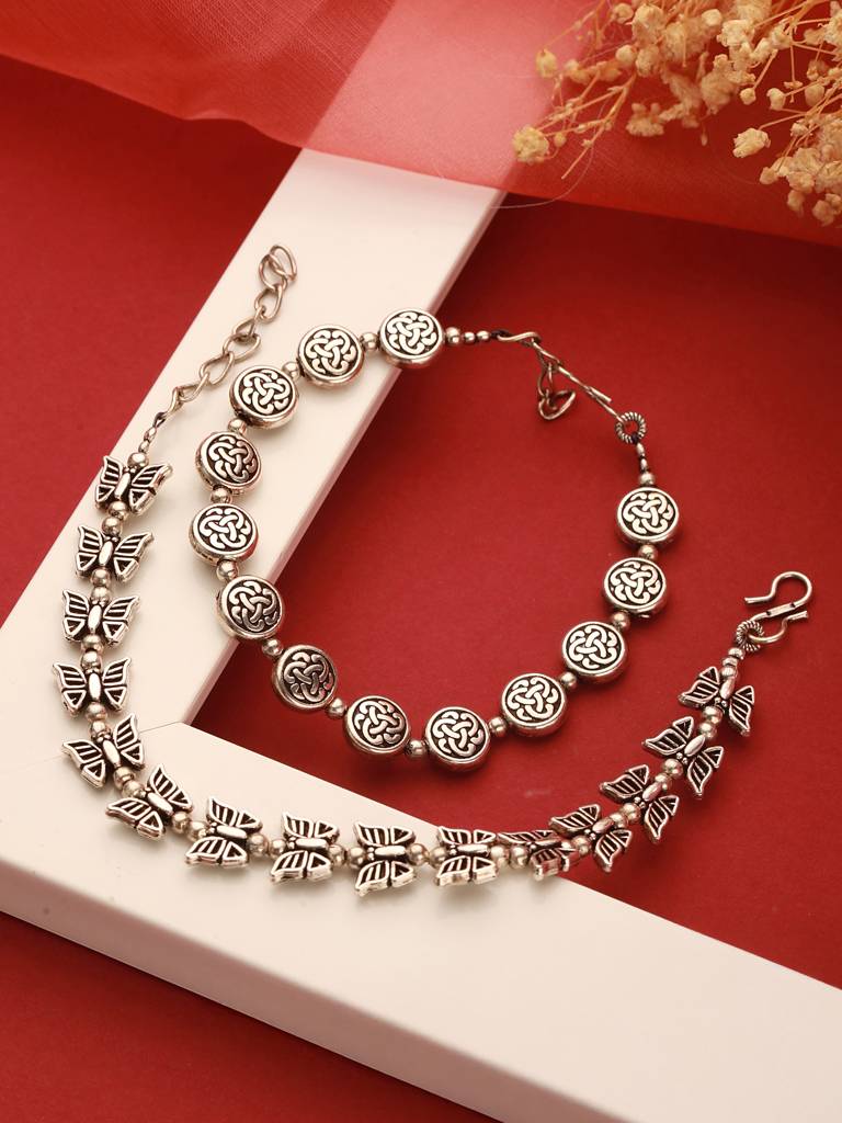 Silver Oxidised Toned Combo Floral & Butterfly Motif Minimal Dailywear Stackable Bracelet : SJBR2597