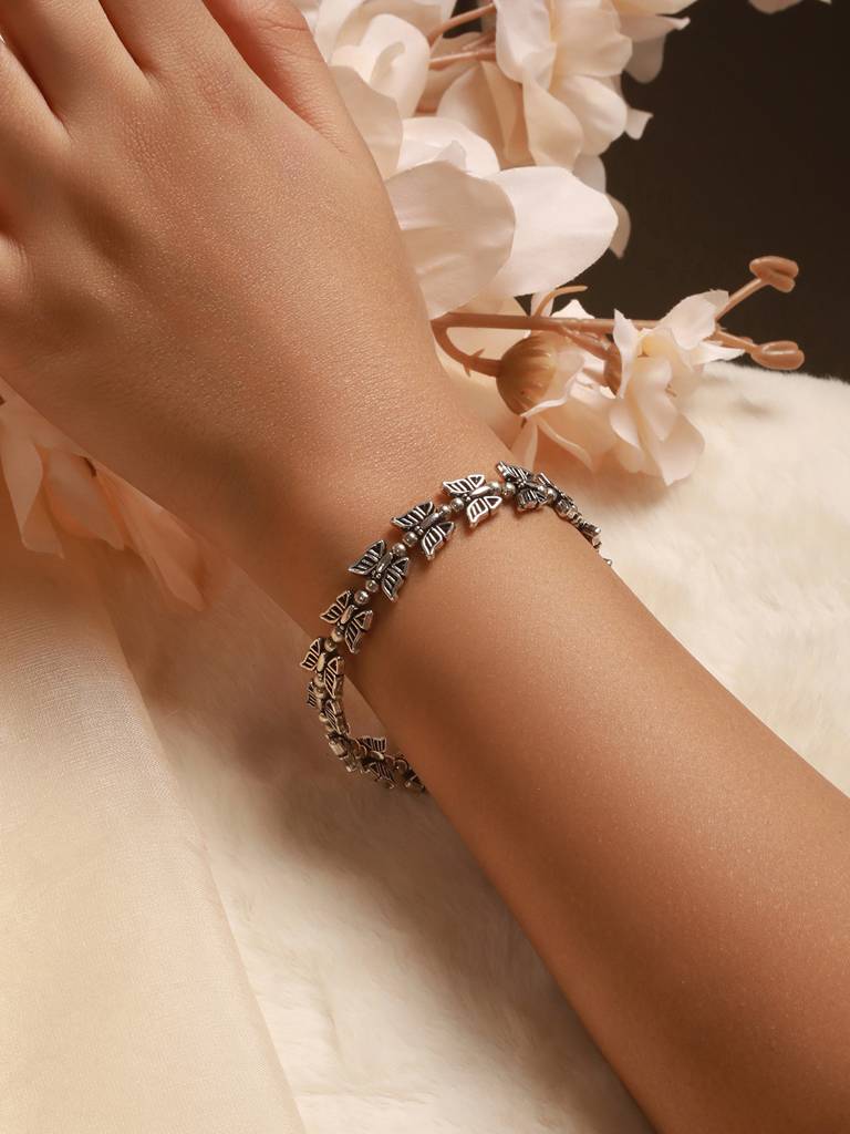 Silver Oxidised Toned Combo Floral & Butterfly Motif Minimal Dailywear Stackable Bracelet : SJBR2597