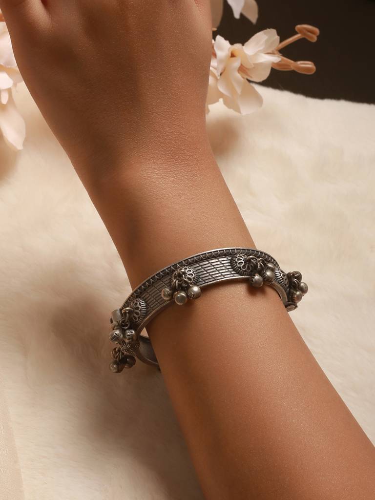 Silver Oxidised Tribal Boho Statement Ghungroo Kada Bangle