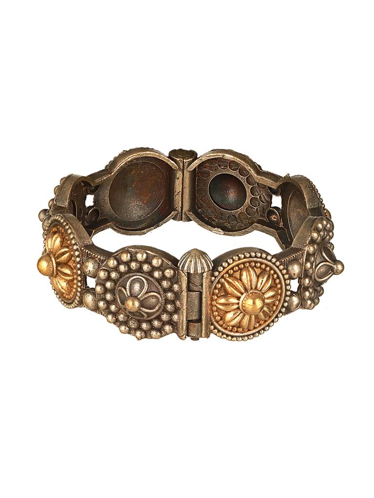 Silver Oxidised Dual Toned Boho Style Adjustable  Kada Bangle Bracelet : SJBR2599