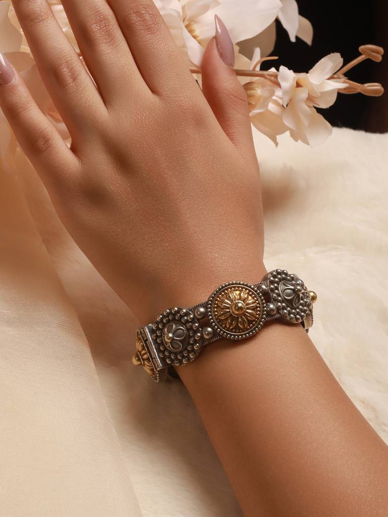 Silver Oxidised Dual Toned Boho Style Adjustable  Kada Bangle Bracelet : SJBR2599