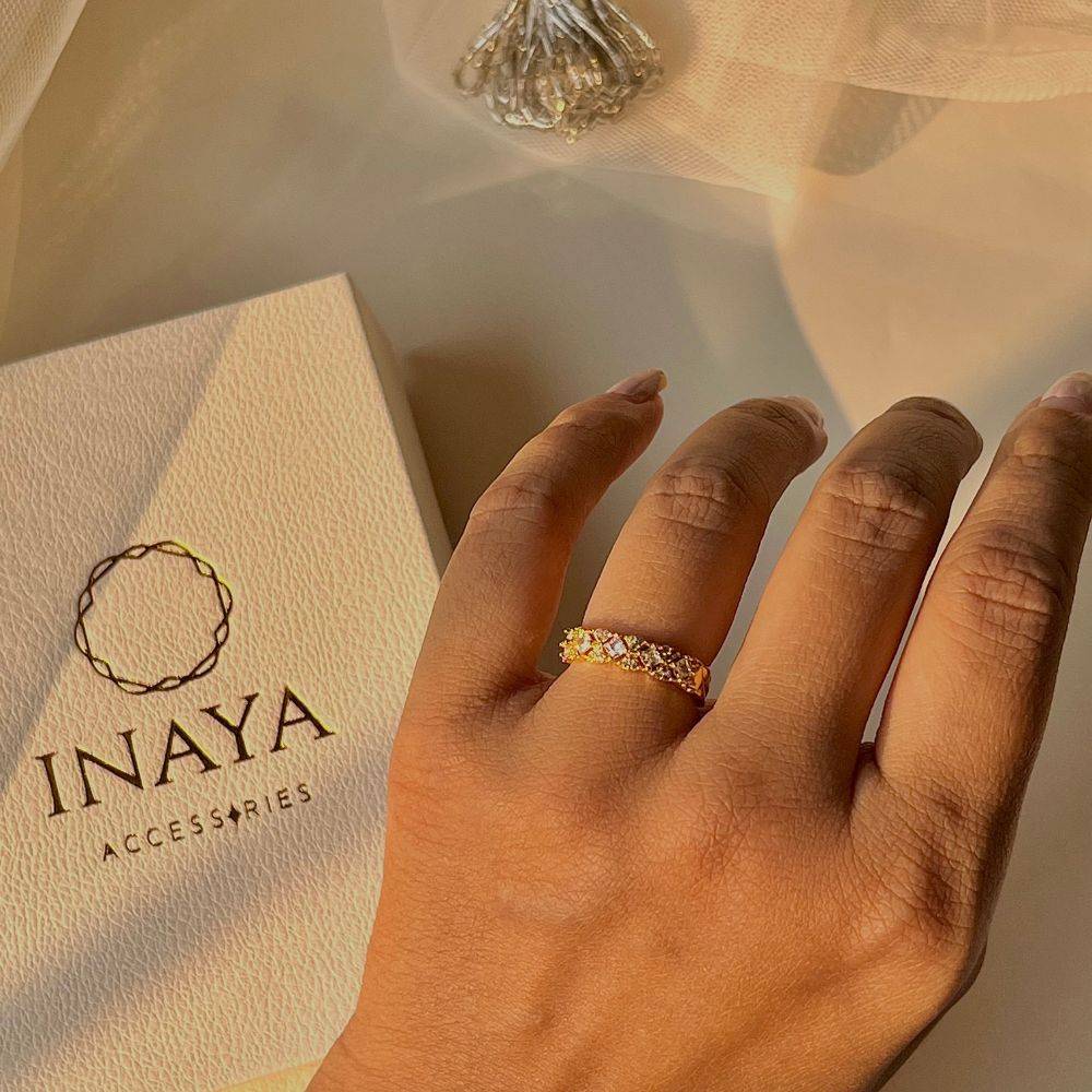 18Kt Gold Plated Diamond And Flower Stackable Zircon Studded Ring, Diya : INDIYA
