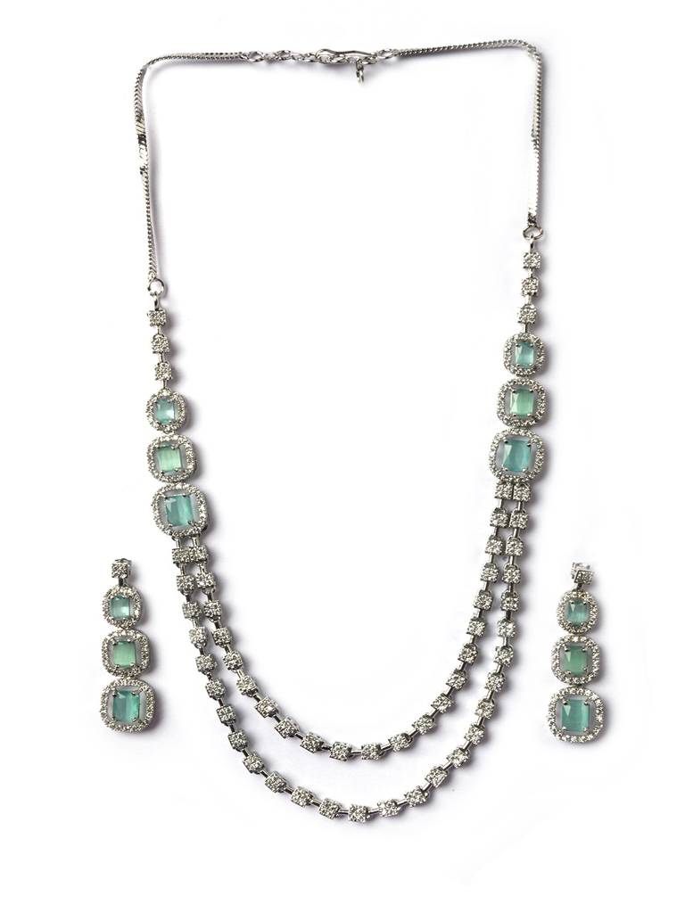 Silver-Plated American Diamond Studded Layered Jewellery Set : AD140MINT