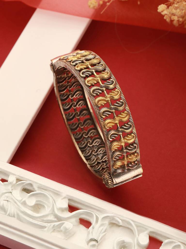 Silver Oxidised Dual Toned Filigree Openable Kada Bangle Bracelet : SJBR2600