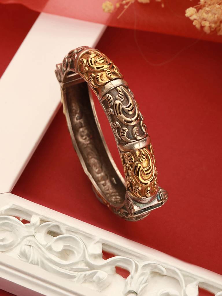Silver Dual Toned Oxidised Filigree Minimal  Stacks Bangle Kada Bracelet : SJBR2601