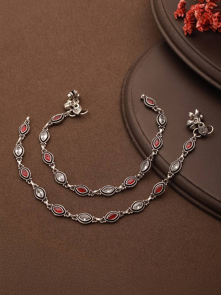 Set Of 2 Silver Oxidised Red Ruby Studded Minimal Dailywear Anklet Payal : SJPL2603