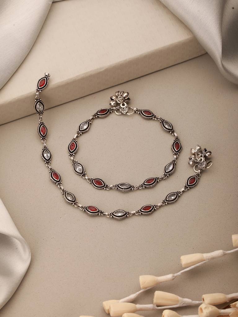 Set Of 2 Silver Oxidised Red Ruby Studded Minimal Dailywear Anklet Payal : SJPL2603