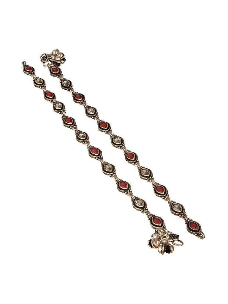 Set Of 2 Silver Oxidised Red Ruby Studded Minimal Dailywear Anklet Payal : SJPL2603