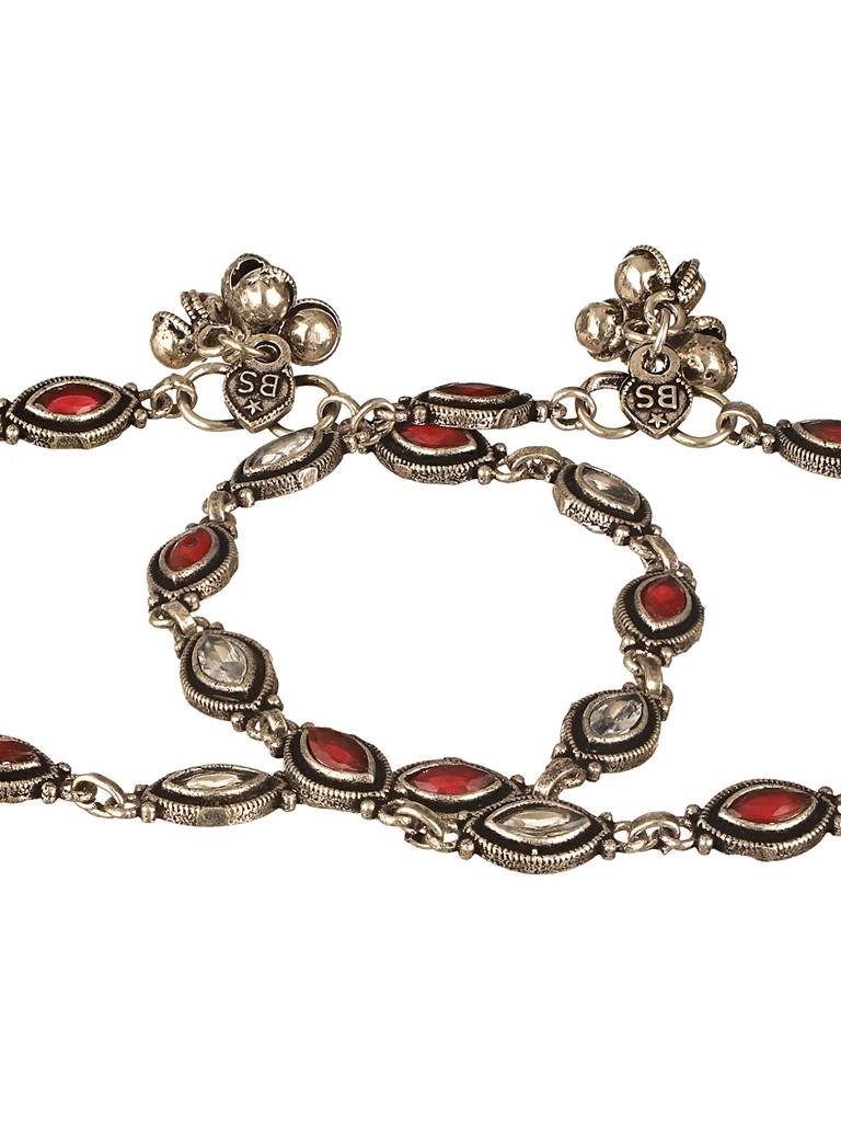 Set Of 2 Silver Oxidised Red Ruby Studded Minimal Dailywear Anklet Payal : SJPL2603