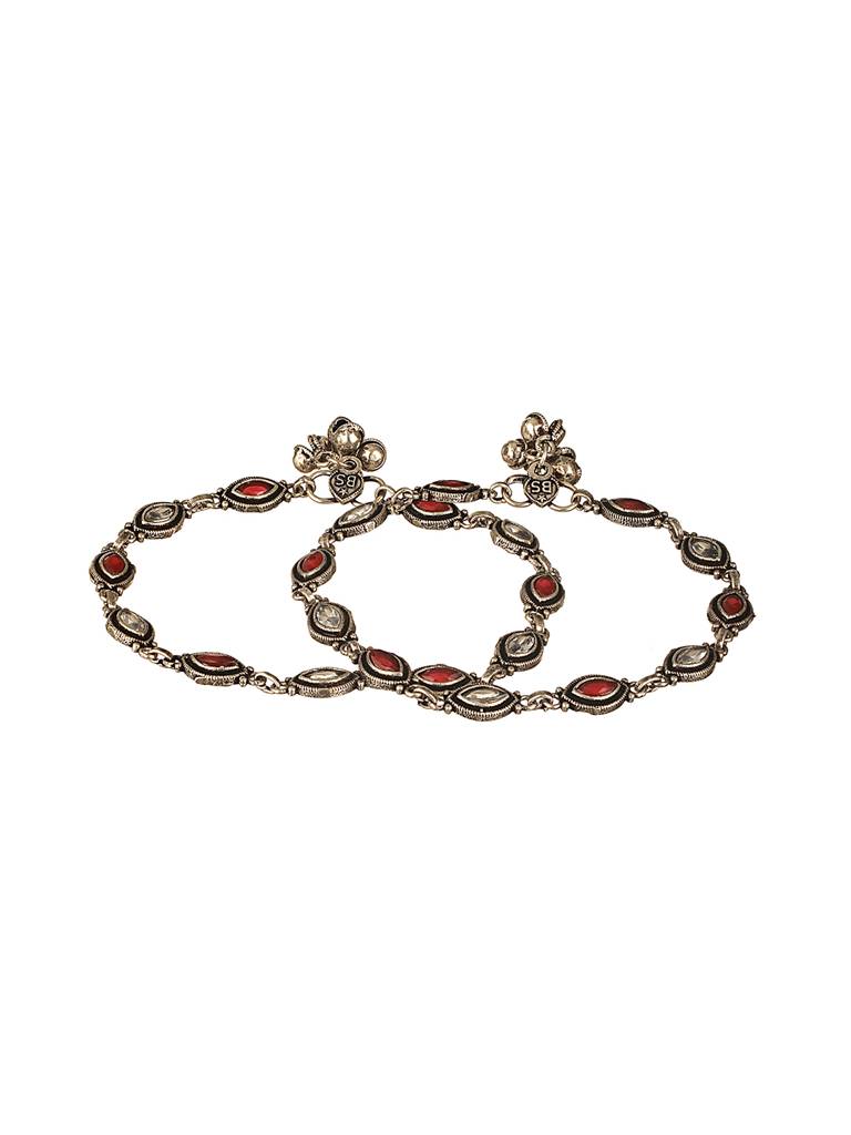 Set Of 2 Silver Oxidised Red Ruby Studded Minimal Dailywear Anklet Payal : SJPL2603