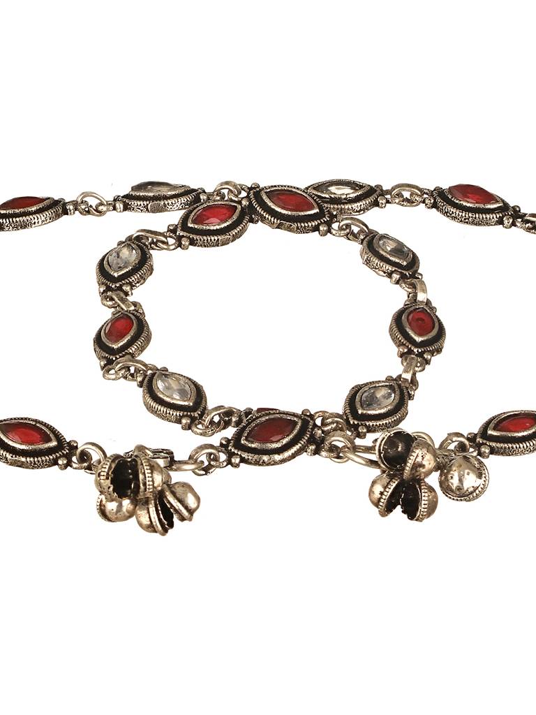 Set Of 2 Silver Oxidised Red Ruby Studded Minimal Dailywear Anklet Payal : SJPL2603