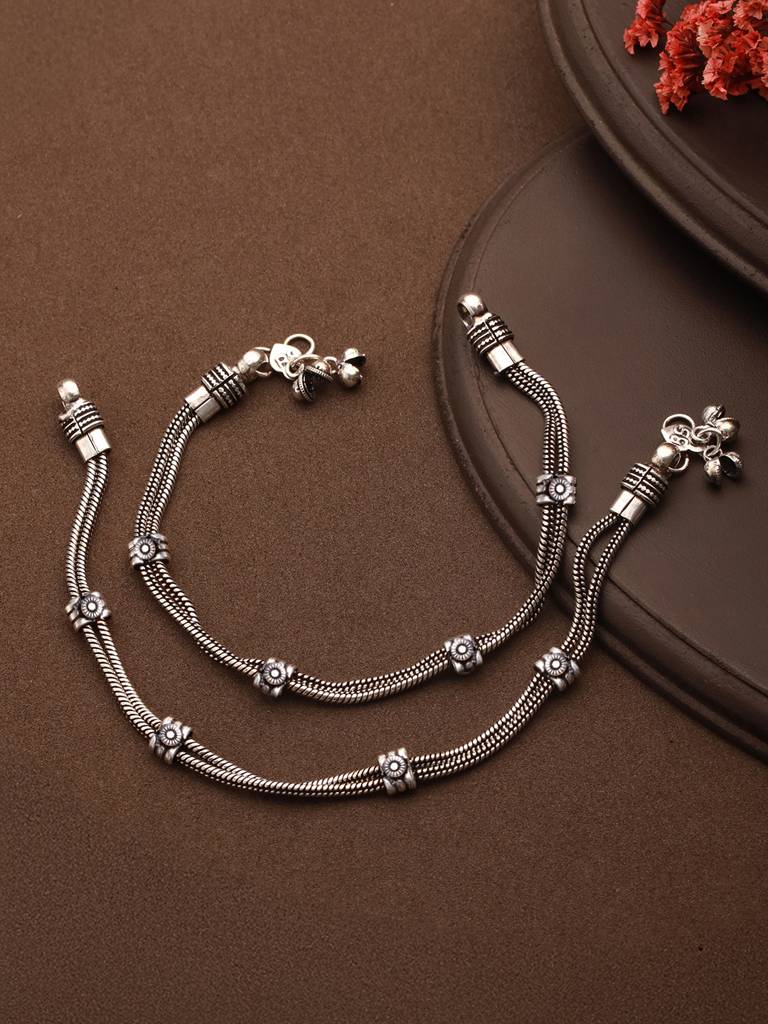 Set Of 2 Oxidised Silver Lookalike Minimal Dailywear Anklet Payal : SJPL2604