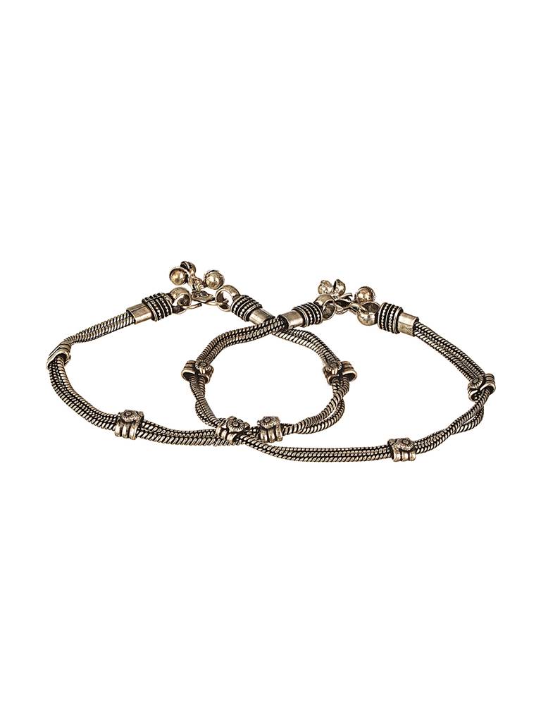 Set Of 2 Oxidised Silver Lookalike Minimal Dailywear Anklet Payal : SJPL2604