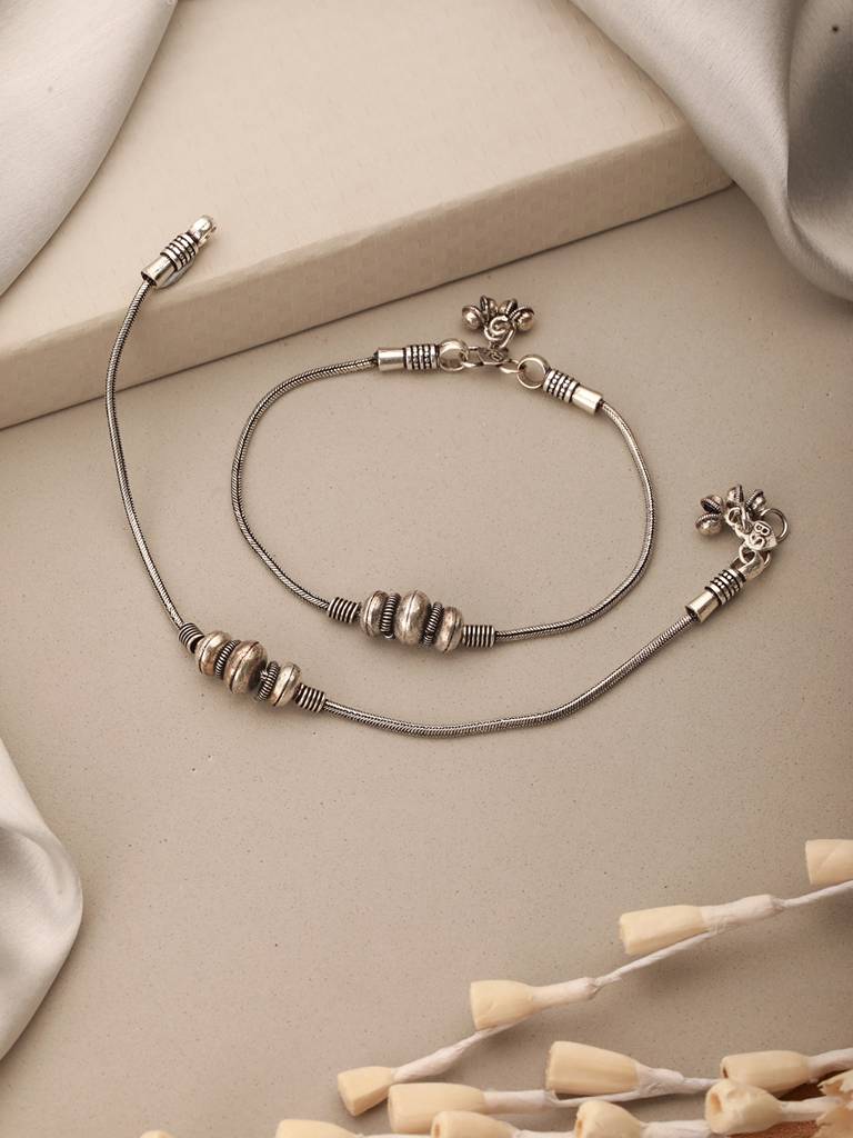 Set Of 2 Silver Oxidised Balls Minimal Dailywear Anklet Payal : SJPL2605