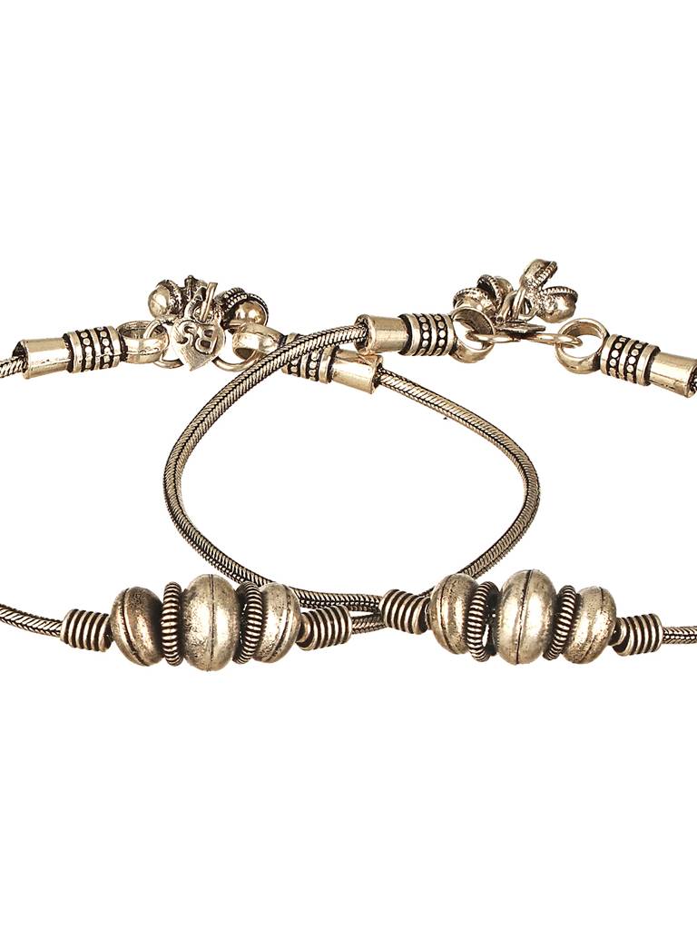 Set Of 2 Silver Oxidised Balls Minimal Dailywear Anklet Payal : SJPL2605