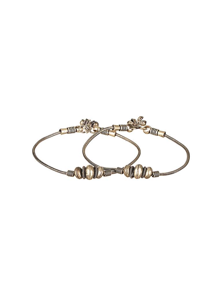 Set Of 2 Silver Oxidised Balls Minimal Dailywear Anklet Payal : SJPL2605