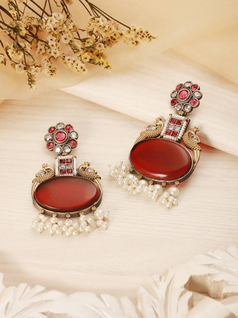 Silver Oxidised Dual Toned Red Stone & Pearl Beaded Peacocok Boho  Statement Earrings : SJER2606