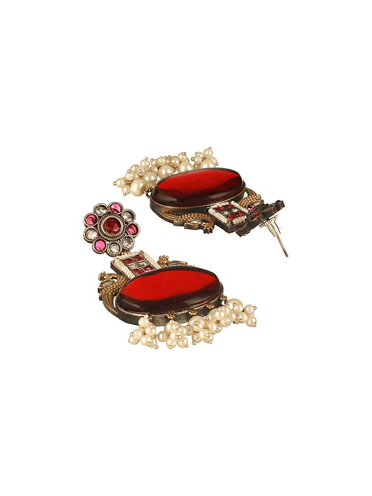 Silver Oxidised Dual Toned Red Stone & Pearl Beaded Peacocok Boho  Statement Earrings : SJER2606