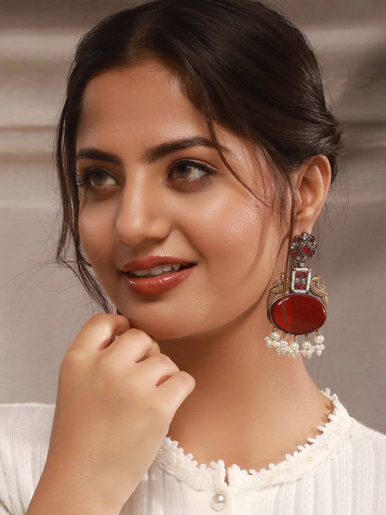 Silver Oxidised Dual Toned Red Stone & Pearl Beaded Peacocok Boho  Statement Earrings : SJER2606