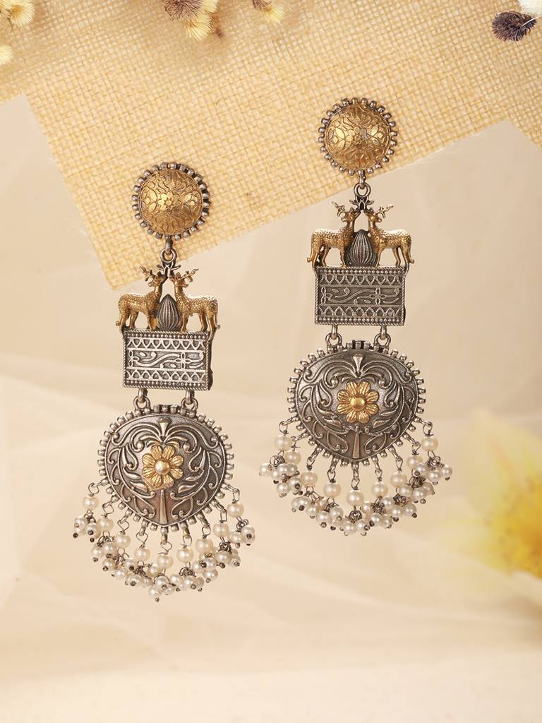 Silver Oxidised Dual Toned Deer Motif Tribal Dangler Chandbali Statement Earrings : SJER2608