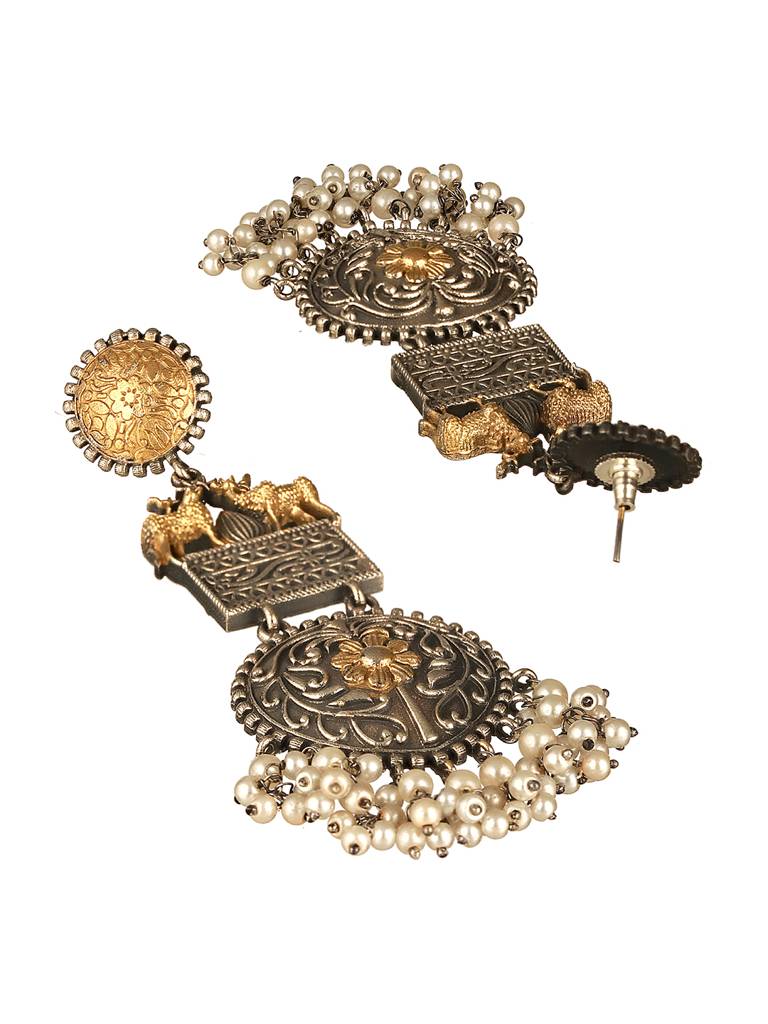 Silver Oxidised Dual Toned Deer Motif Tribal Dangler Chandbali Statement Earrings : SJER2608