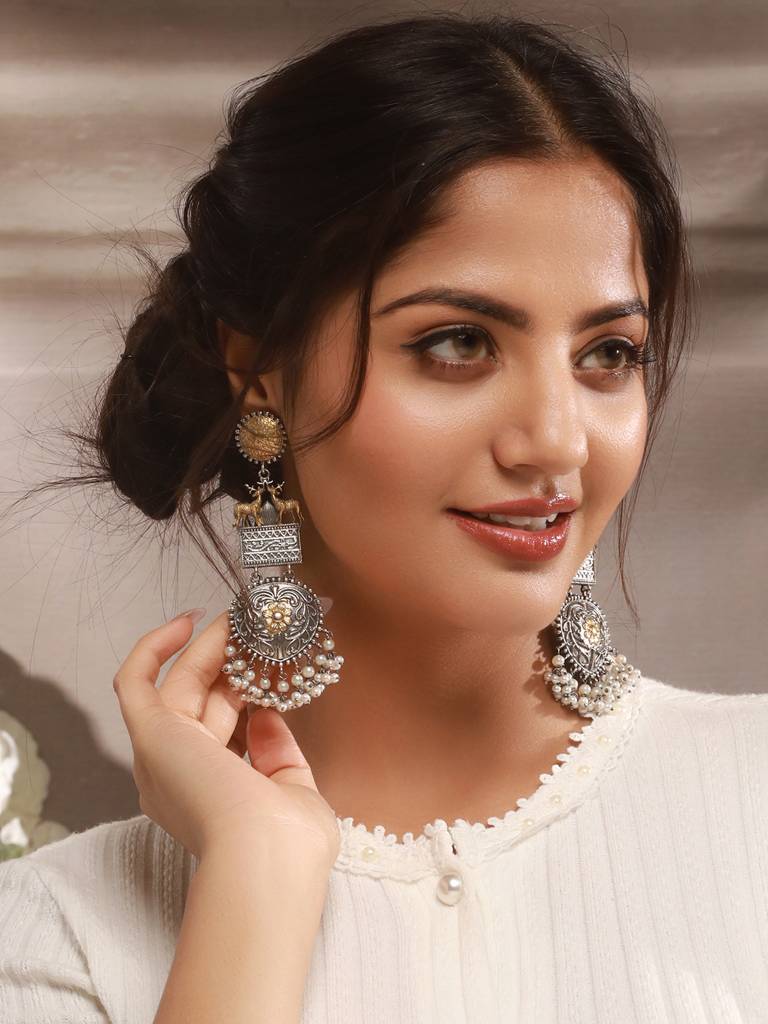 Silver Oxidised Dual Toned Deer Motif Tribal Dangler Chandbali Statement Earrings : SJER2608