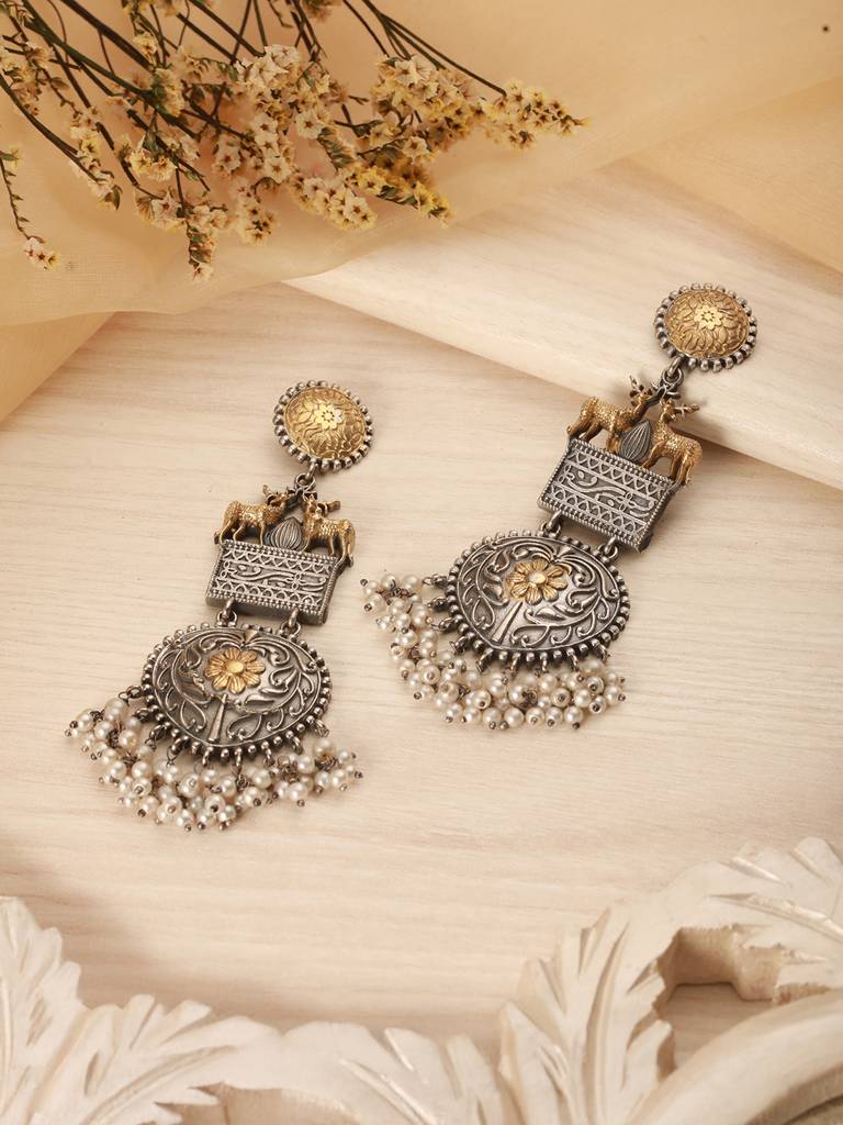 Silver Oxidised Dual Toned Deer Motif Tribal Dangler Chandbali Statement Earrings : SJER2608