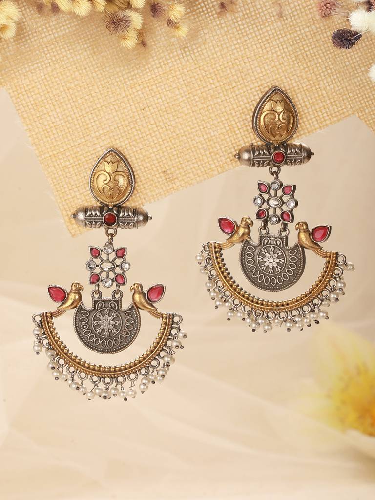 Silver Oxidised Dual Toned Bird Motif Tribal Boho Look Lightweight Chandbali Dangler Earrings : SJER2610