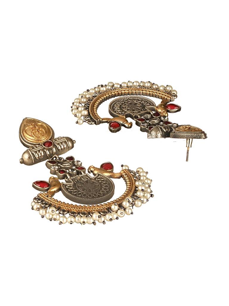 Silver Oxidised Dual Toned Bird Motif Tribal Boho Look Lightweight Chandbali Dangler Earrings : SJER2610