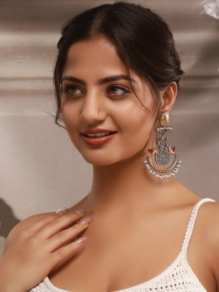 Silver Oxidised Dual Toned Bird Motif Tribal Boho Look Lightweight Chandbali Dangler Earrings : SJER2610