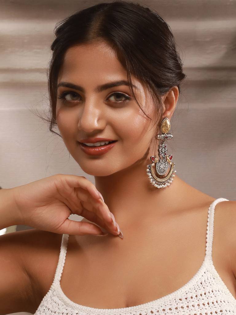Silver Oxidised Dual Toned Bird Motif Tribal Boho Look Lightweight Chandbali Dangler Earrings : SJER2610